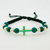 Green Woven Bracelet 6 Beads 5mm Bubble Cross Emerald 43pts 18K Yellow Gold
