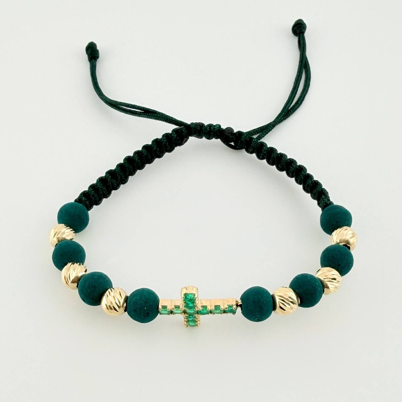 Green Woven Bracelet 6 Beads 5mm Bubble Cross Emerald 43pts 18K Yellow Gold