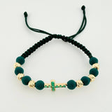 Green Woven Bracelet 6 Beads 5mm Bubble Cross Emerald 43pts 18K Yellow Gold