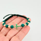 Green Woven Bracelet 6 Beads 5mm Bubble Cross Emerald 43pts 18K Yellow Gold