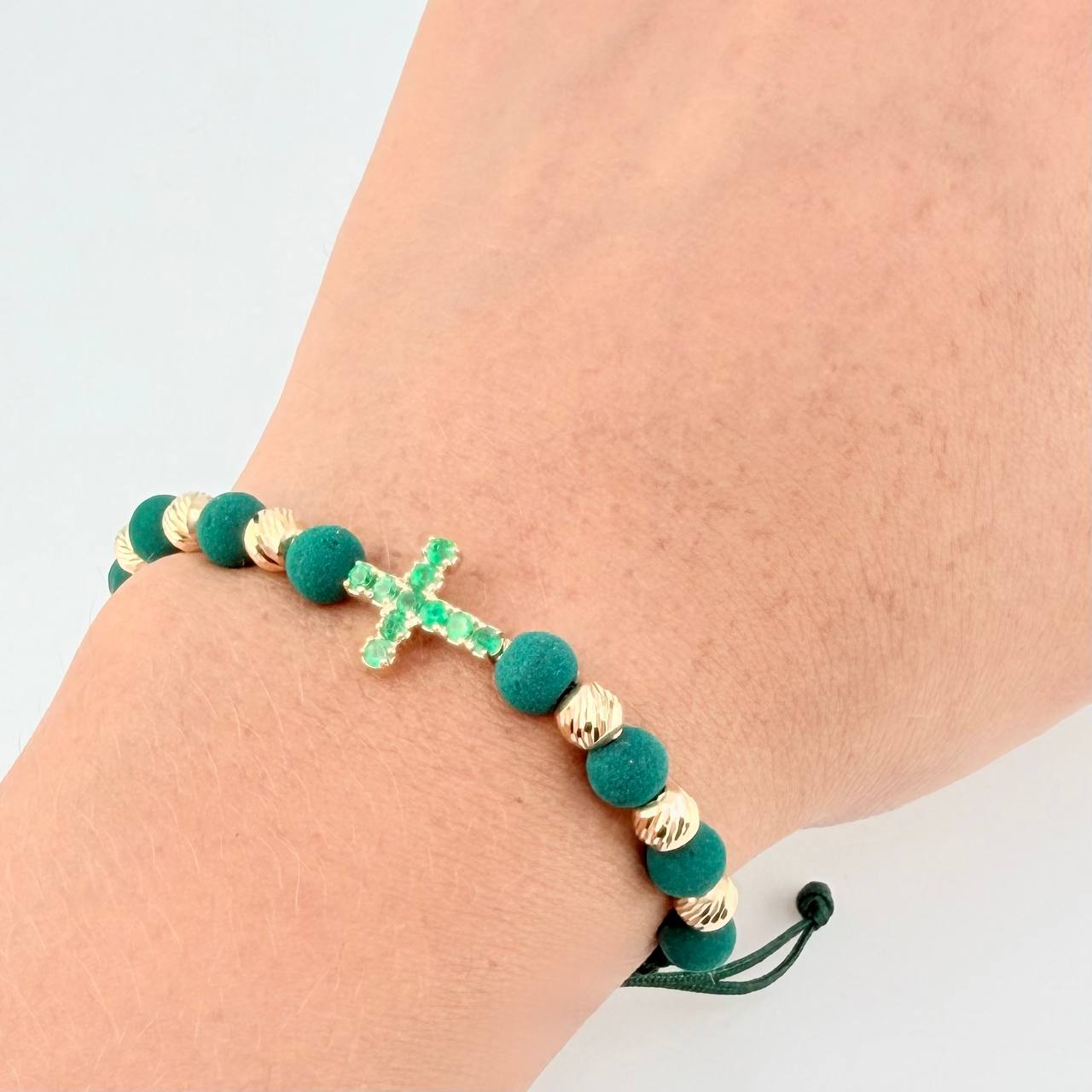 Green Woven Bracelet 6 Beads 5mm Bubble Cross Emerald 43pts 18K Yellow Gold
