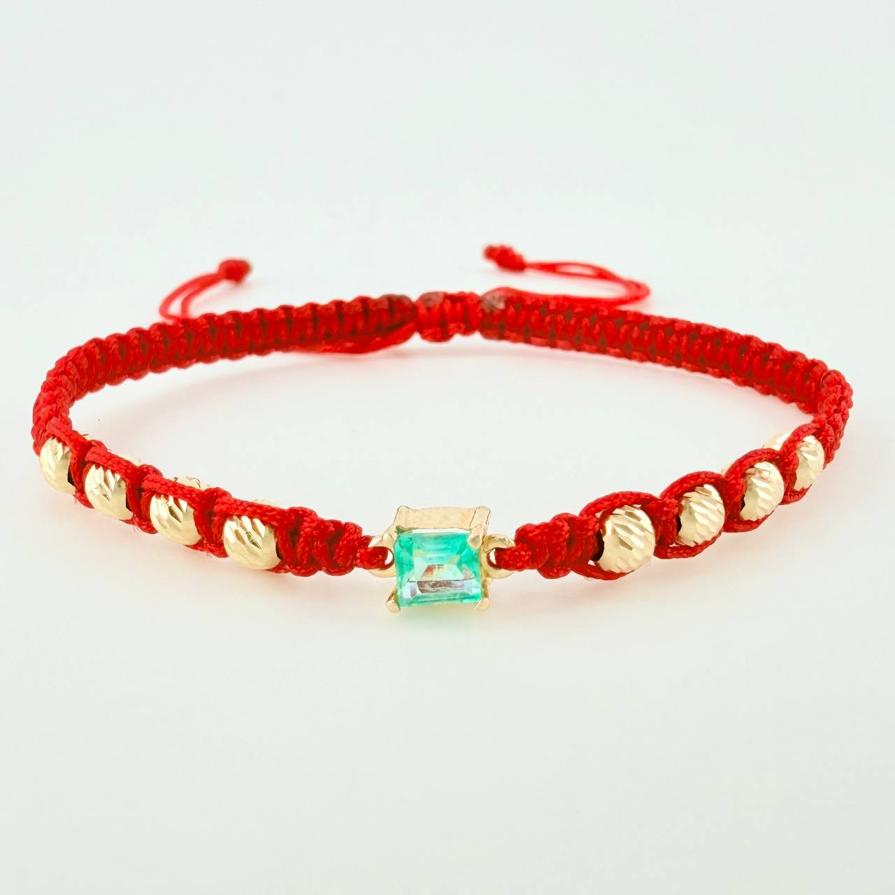 Red Woven Bracelet 8 4mm Beads Emerald Cube 28pts Yellow Gold 18K