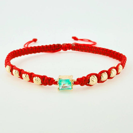 Pulsera Tejida Roja 8 Balines 4mm Cubo Esmeralda 28pts Oro Amarillo 18K