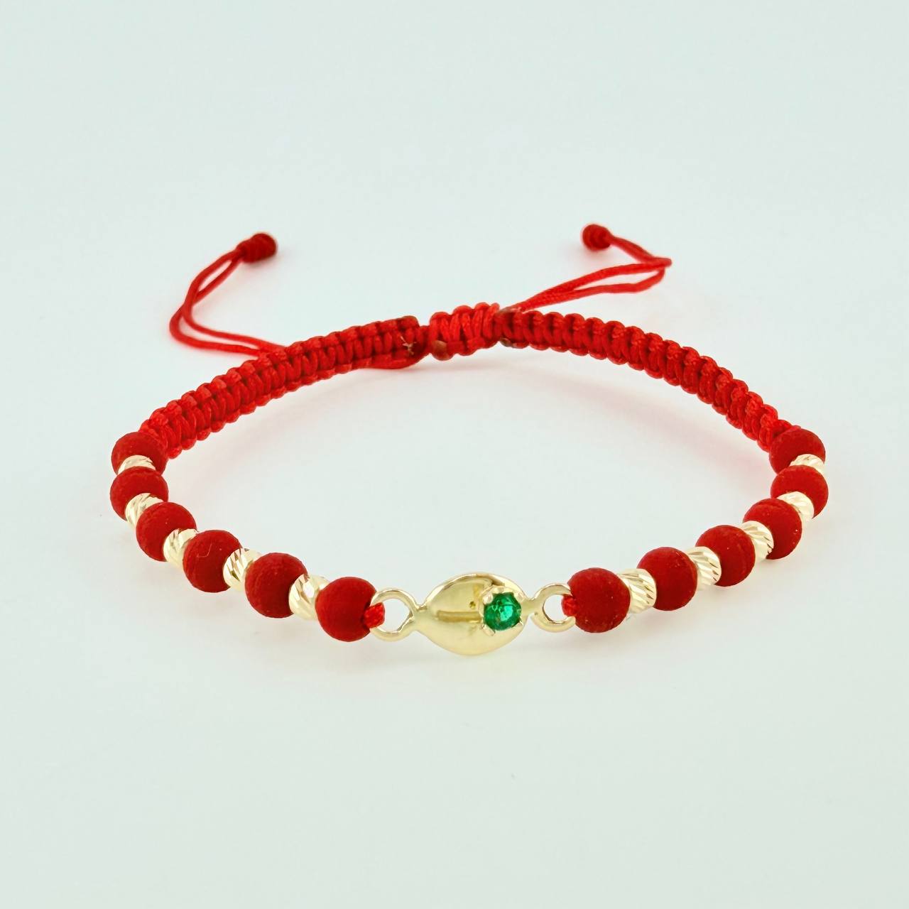 Red Woven Bracelet 10 Beads 3mm Coffee Grain Emerald 4pts Yellow Gold 18K