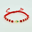 Red Woven Bracelet 10 Beads 3mm Coffee Grain Emerald 4pts Yellow Gold 18K