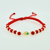 Red Woven Bracelet 10 Beads 3mm Coffee Grain Emerald 4pts Yellow Gold 18K
