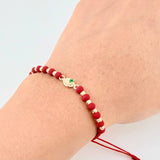 Red Woven Bracelet 10 Beads 3mm Coffee Grain Emerald 4pts Yellow Gold 18K