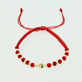 Red Woven Bracelet 10 Beads 3mm Coffee Grain Emerald 4pts Yellow Gold 18K