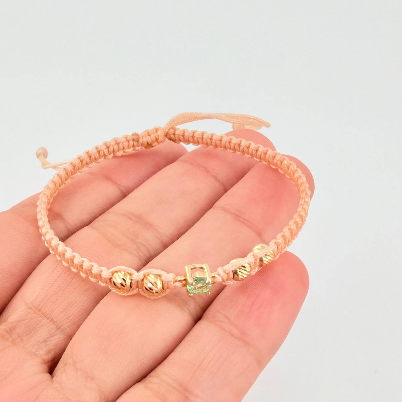 Pink Woven Bracelet 4 Beads 4mm Emerald Spark 23pts 18K Yellow Gold