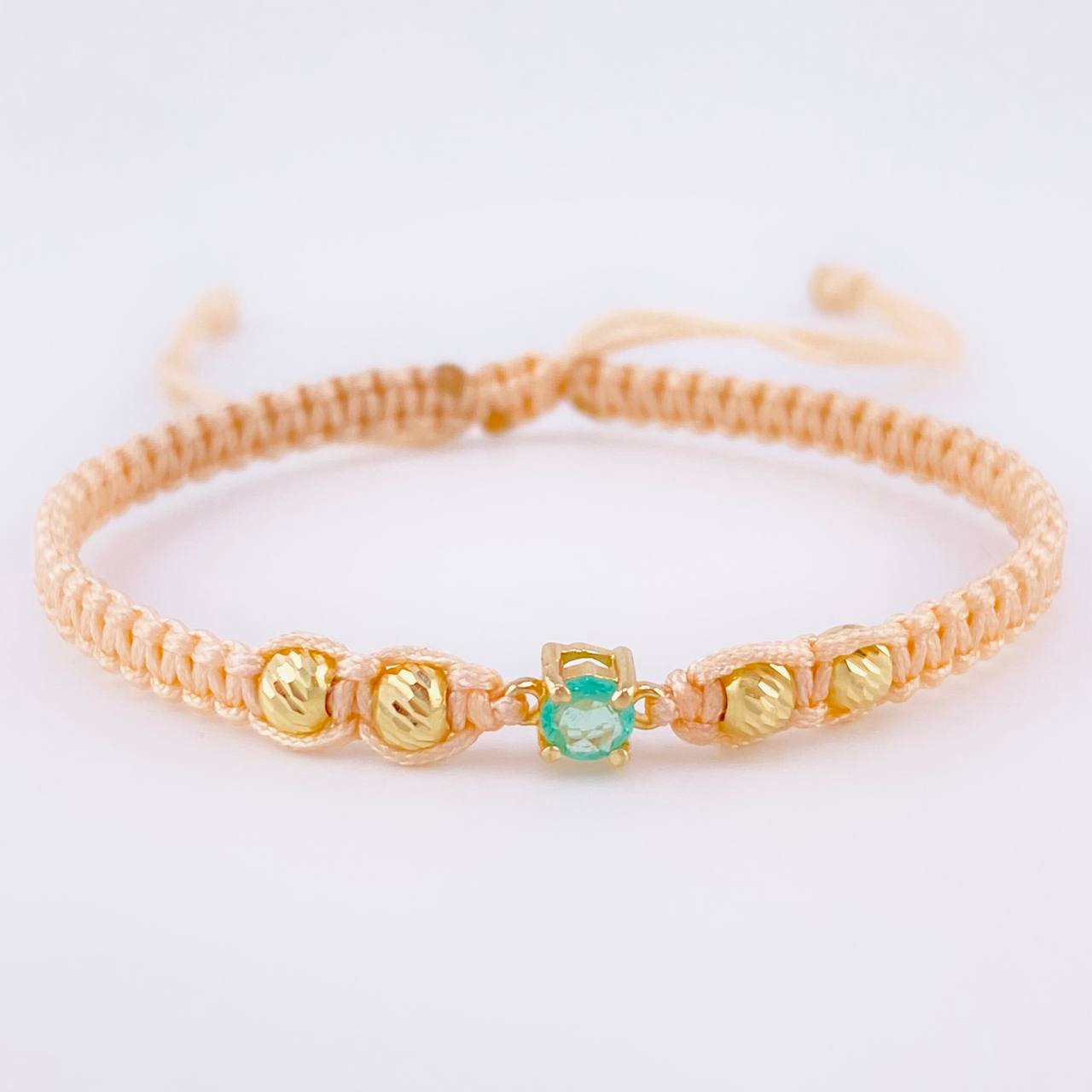 Pink Woven Bracelet 4 Beads 4mm Emerald Spark 23pts 18K Yellow Gold