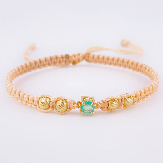 Pulsera Tejida Rosa 4 Balines 4mm Chispa Esmeralda 23pts Oro Amarillo 18K