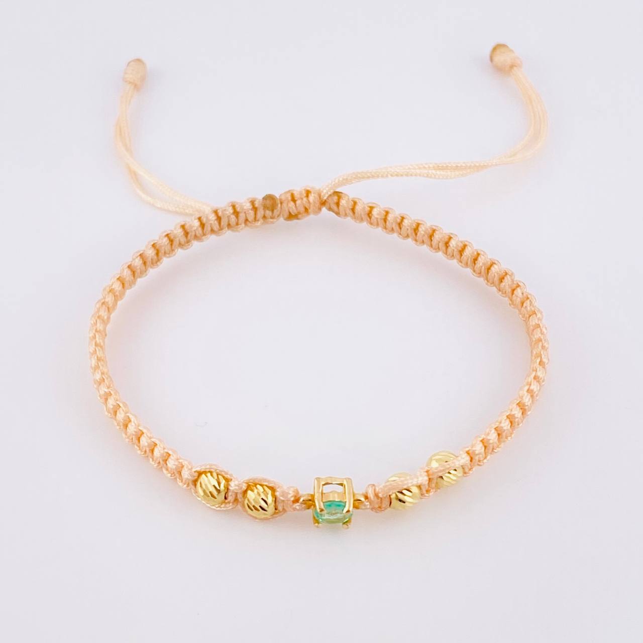 Pink Woven Bracelet 4 Beads 4mm Emerald Spark 23pts 18K Yellow Gold