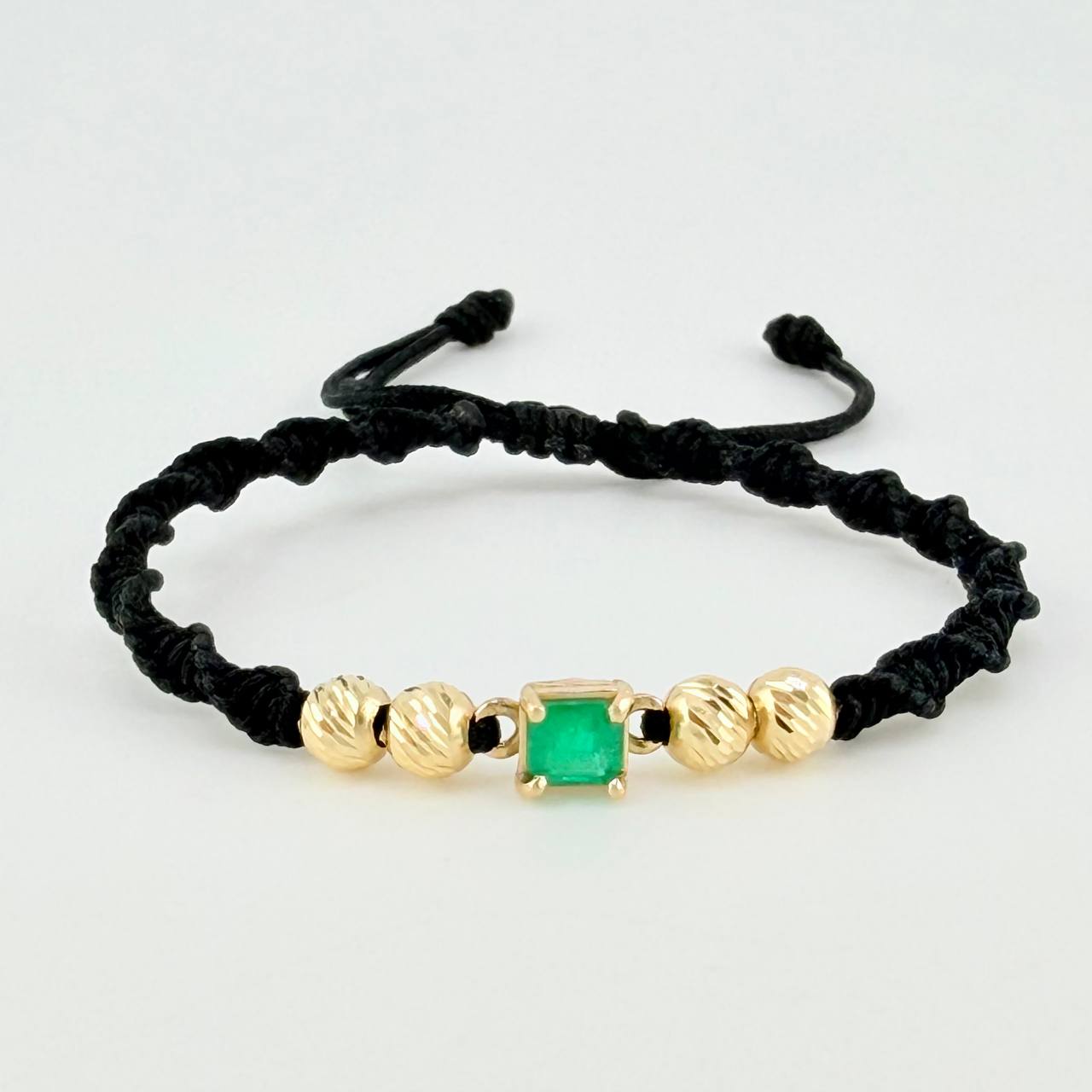 Black Woven Bracelet 4 5mm Beads Emerald Cube 60pts Yellow Gold 18K