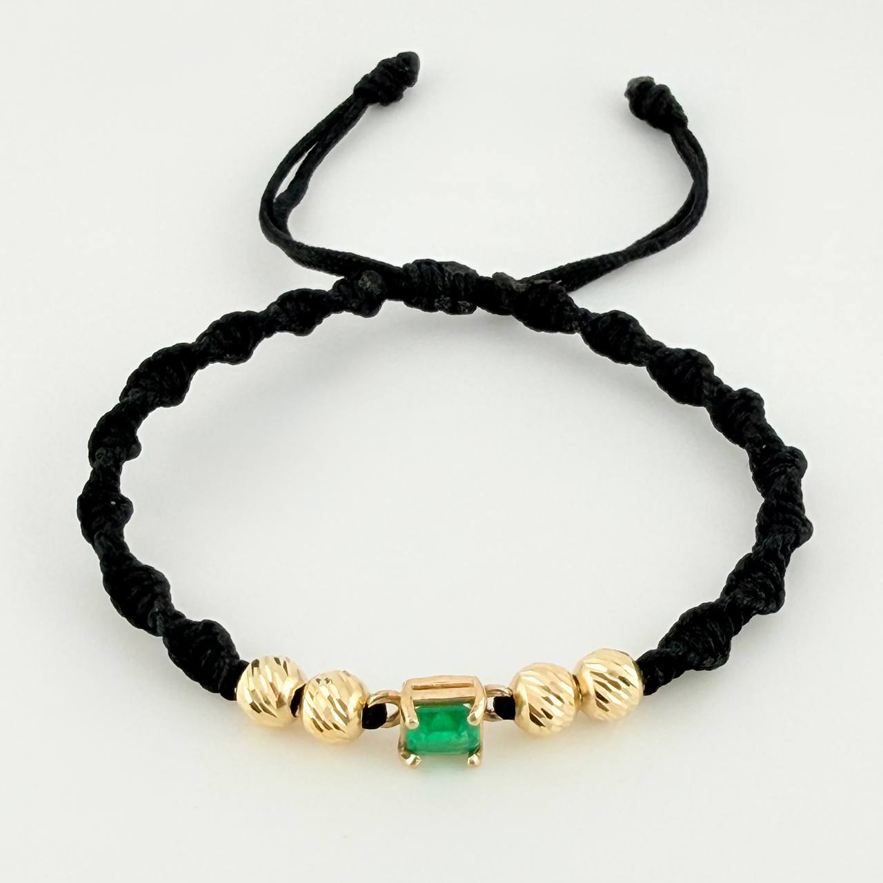 Black Woven Bracelet 4 5mm Beads Emerald Cube 60pts Yellow Gold 18K