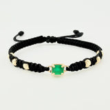 Pulsera Tejida Negra 6 Balines 4mm Cubo Esmeralda 60pts Oro Amarillo 18K