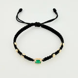 Pulsera Tejida Negra 6 Balines 4mm Cubo Esmeralda 60pts Oro Amarillo 18K