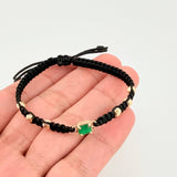 Pulsera Tejida Negra 6 Balines 4mm Cubo Esmeralda 60pts Oro Amarillo 18K
