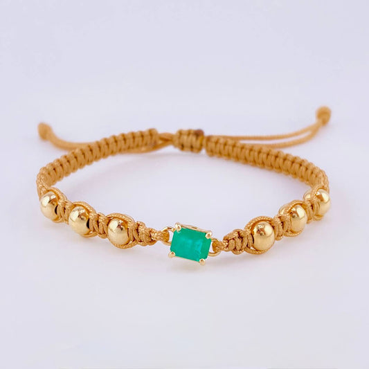 Pulsera Tejida Café 6 Balines 5mm Cubo Esmeralda 60pts Oro Amarillo 18K