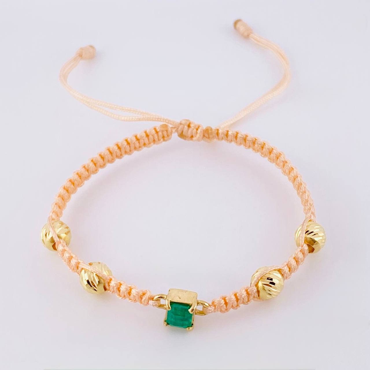 Pink Woven Bracelet 4 6mm Beads Emerald Cube 60pts Yellow Gold 18K
