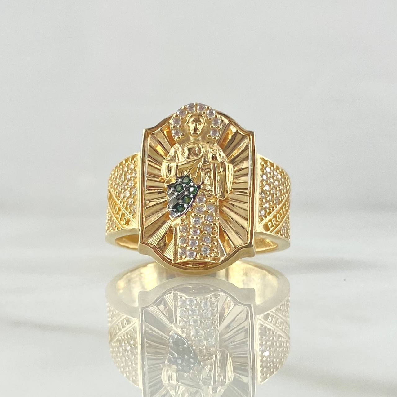 Anillo San Judas Sello Rectangulo 10gr / T10 / Texturizado Circones Blancos Verdes Oro Amarillo 18K ©