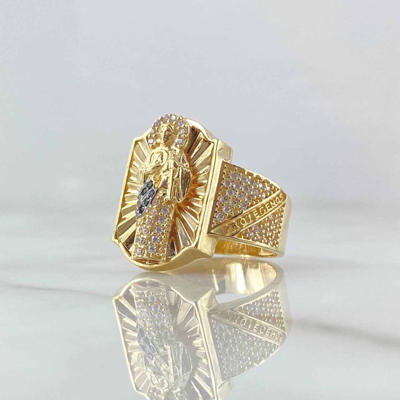 Anillo San Judas Sello Rectangulo 10gr / T10 / Texturizado Circones Blancos Verdes Oro Amarillo 18K ©