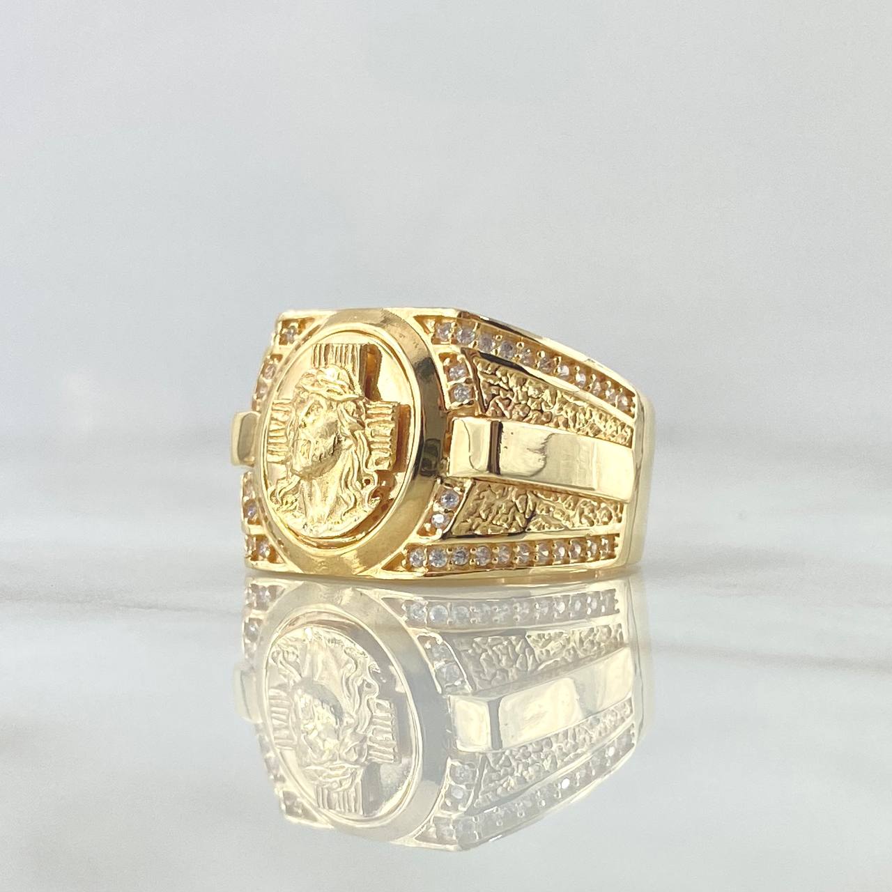 Cross Ring Face of Christ 10.5gr / Size 9 1/2 / Textured White Zircons 18K Yellow Gold ©