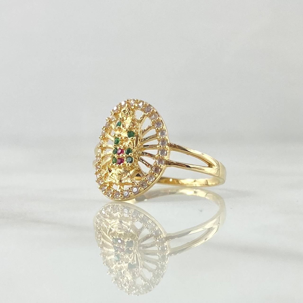 Anillo Virgen de Guadalupe Filigrana 2.3gr / T6 1/4 / Circones Verdes Blancos Fucsia Oro Amarillo 18K ©
