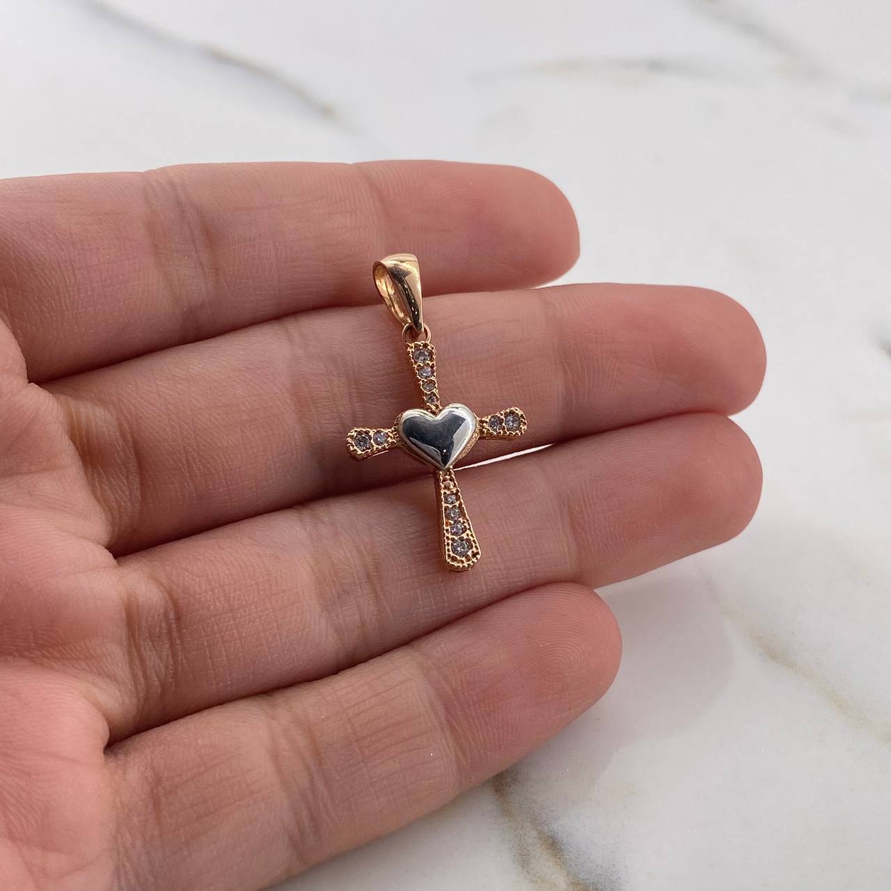 Pendant Heart Cross 2gr / 2.8cm / White Zircons Two-tone 18K White and Rose Gold &