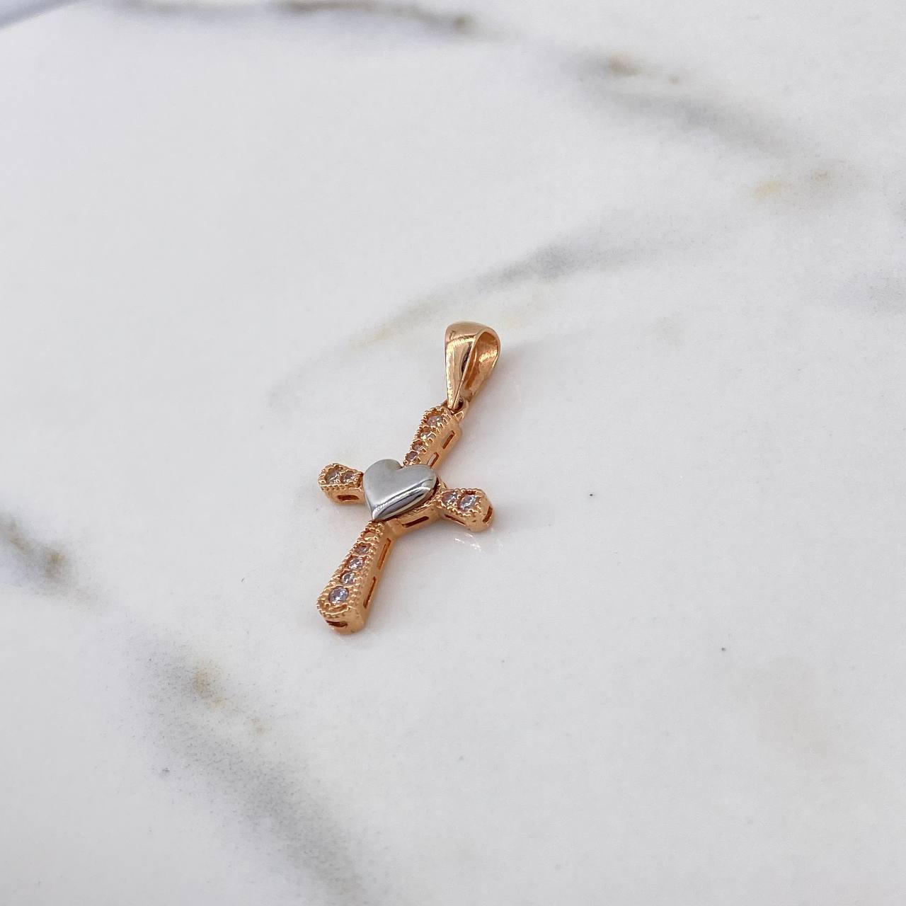 Pendant Heart Cross 2gr / 2.8cm / White Zircons Two-tone 18K White and Rose Gold &