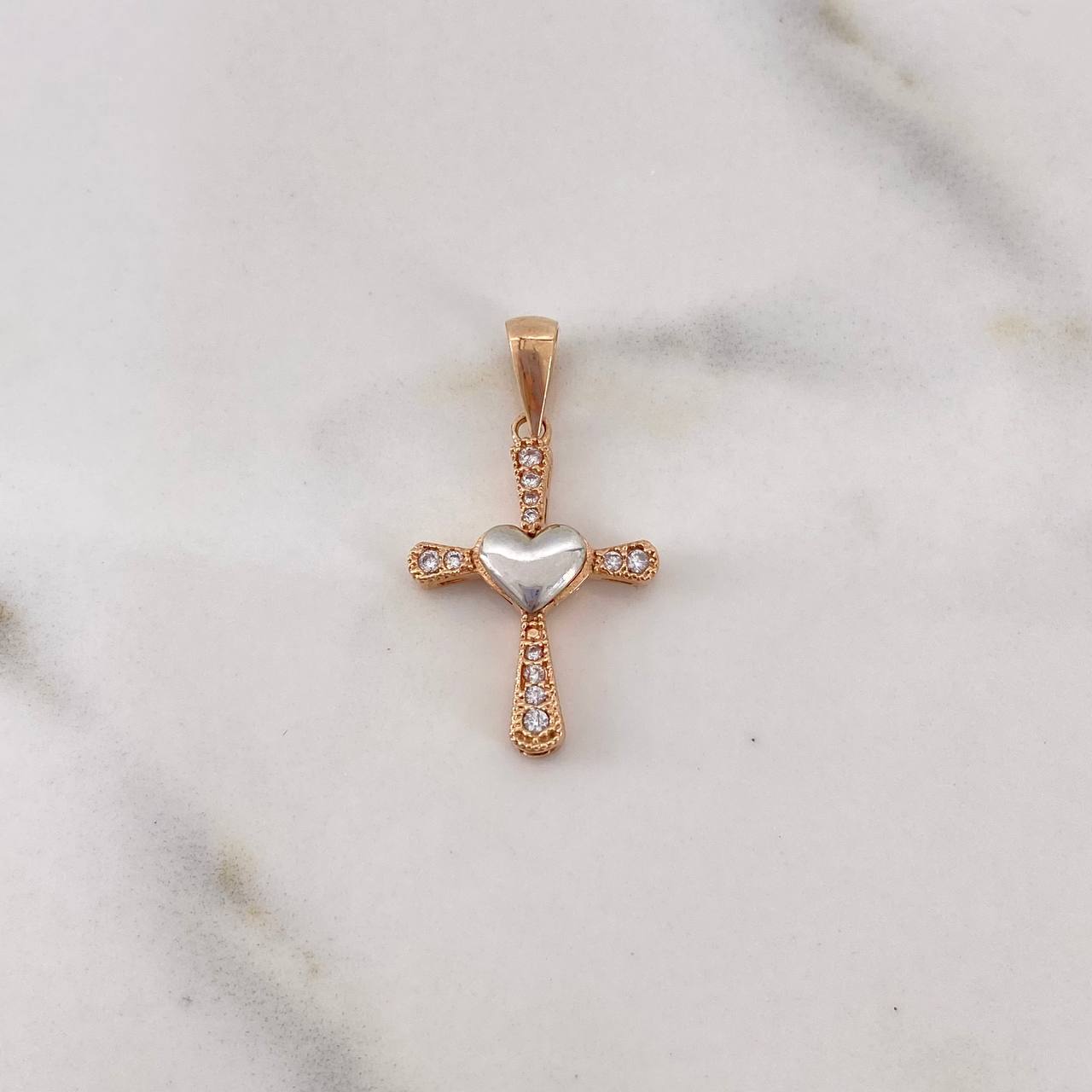 Pendant Heart Cross 2gr / 2.8cm / White Zircons Two-tone 18K White and Rose Gold &