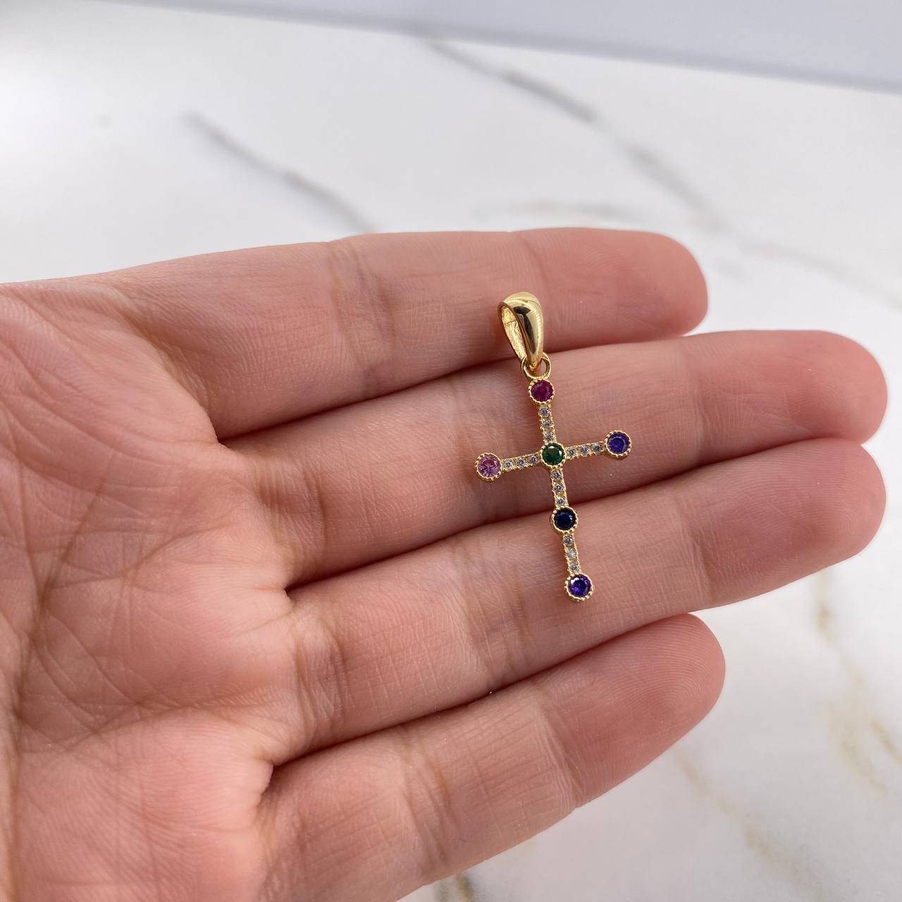 Pendant Cross 1.25gr / 3cm / Colored Zircons 18K Yellow Gold &