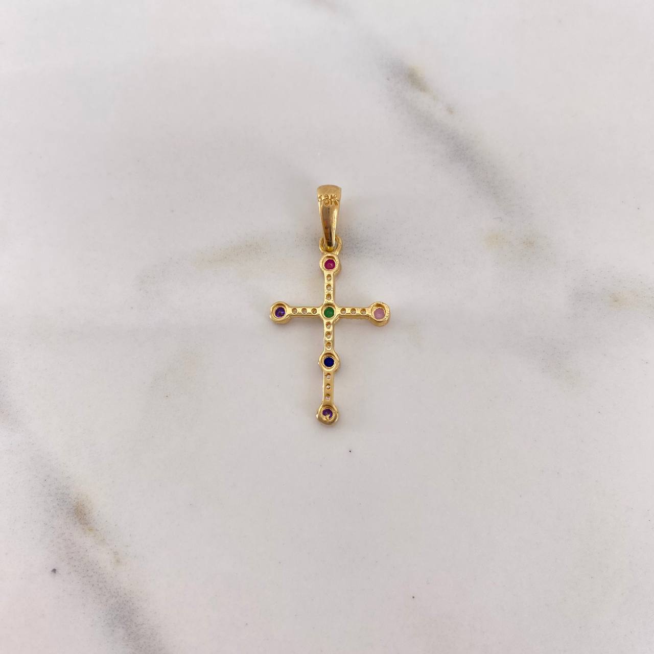 Pendant Cross 1.25gr / 3cm / Colored Zircons 18K Yellow Gold &