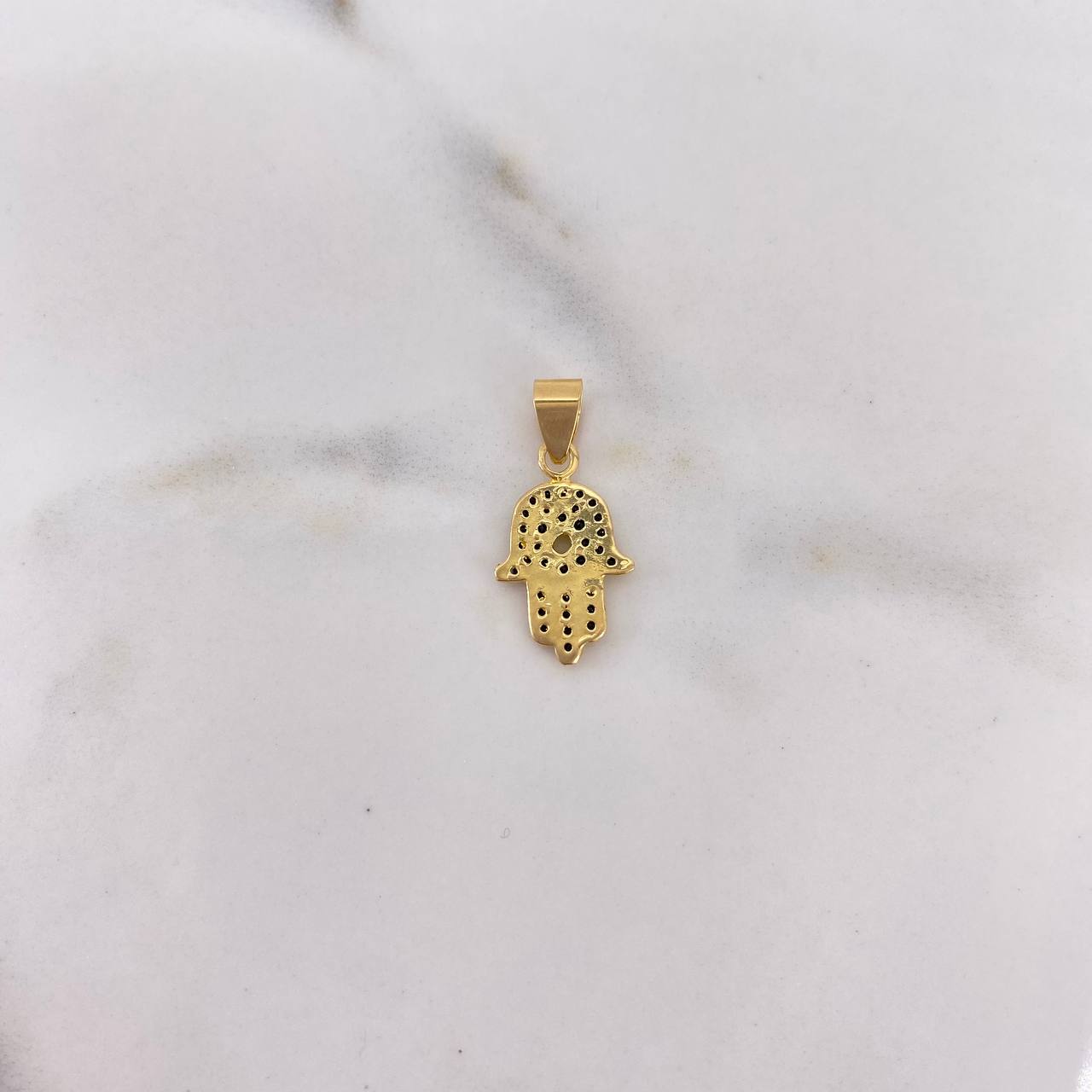 Dije Mano Hamsa 1.15gr / 2.2cm / Circones Negros Oro Amarillo 18K &