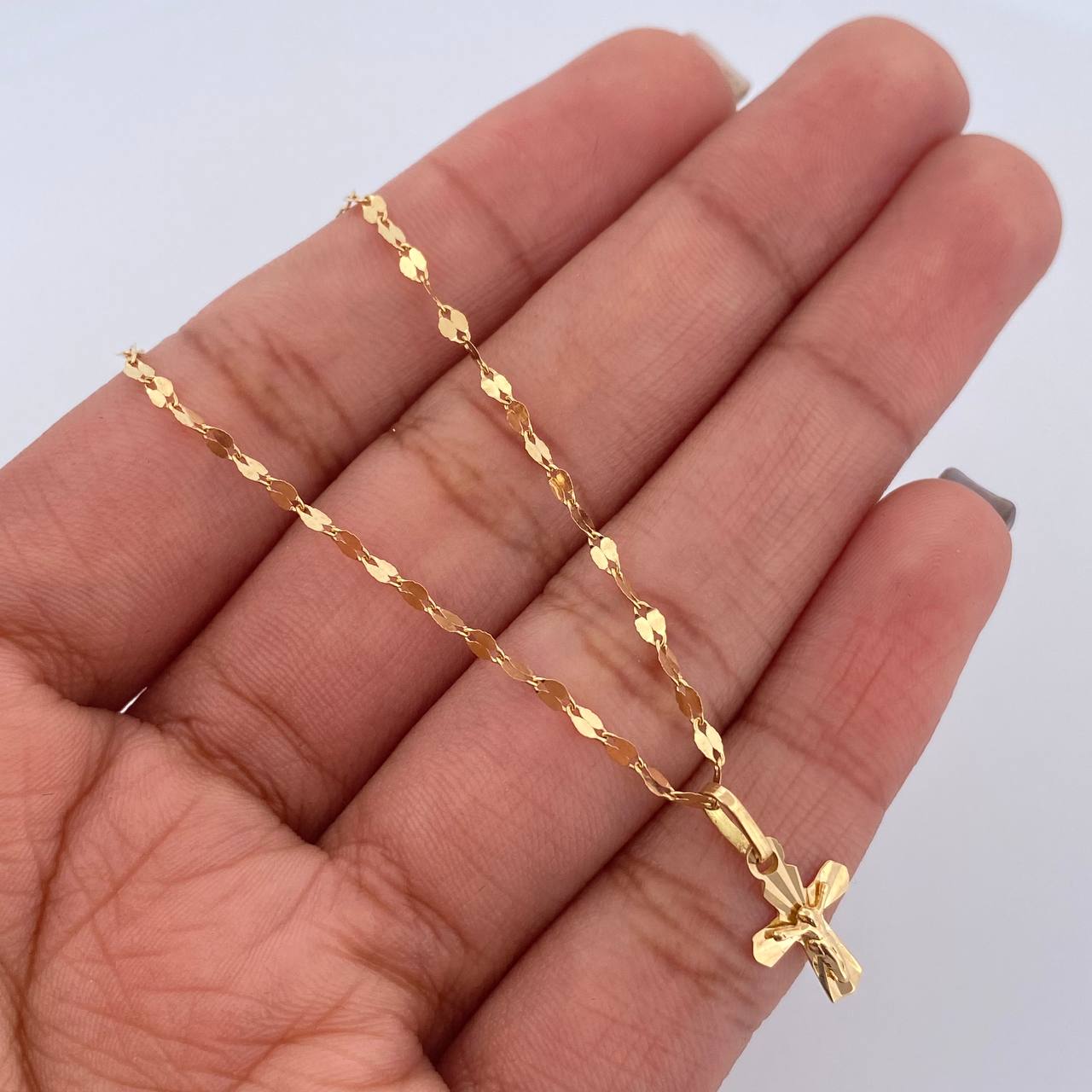 Set Cadena Flor Espejo 1.2gr/50cm/1.8mm + Dije Cruz Cristo 0.5gr/1.5cm Diamantado Oro 18K (Oferta) &