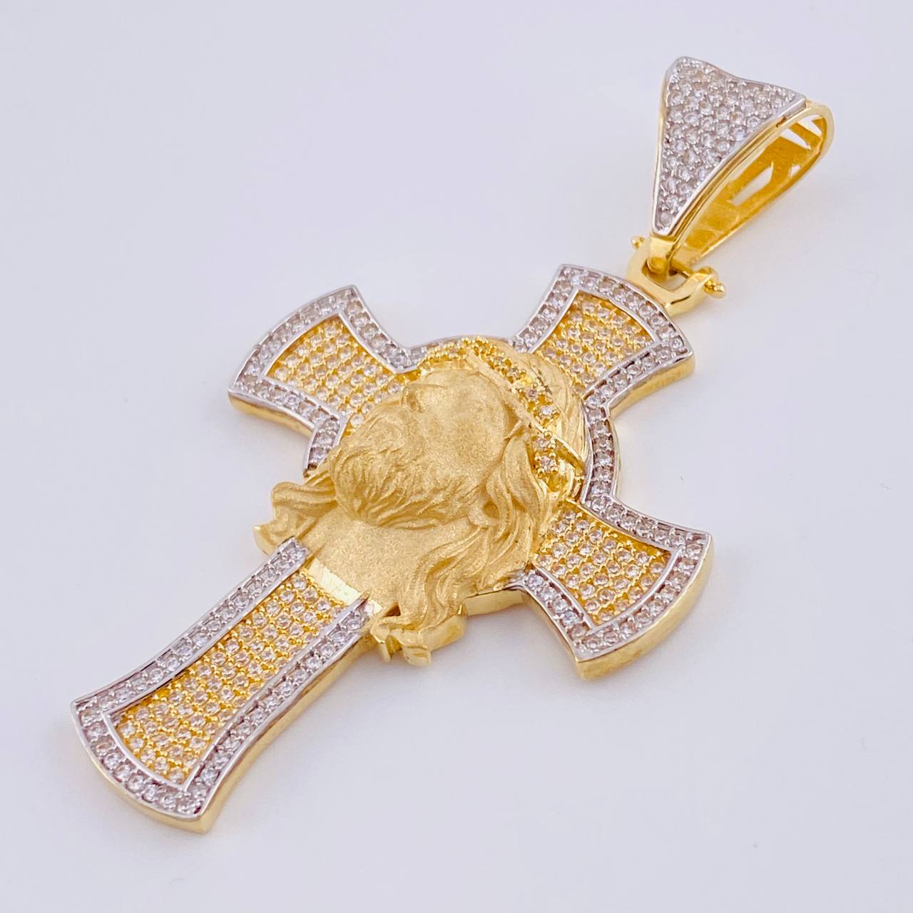 Pendant Cross Christ Face 12.95 g / 2 1/2 in Two-Tone Yellow White 18K Gold