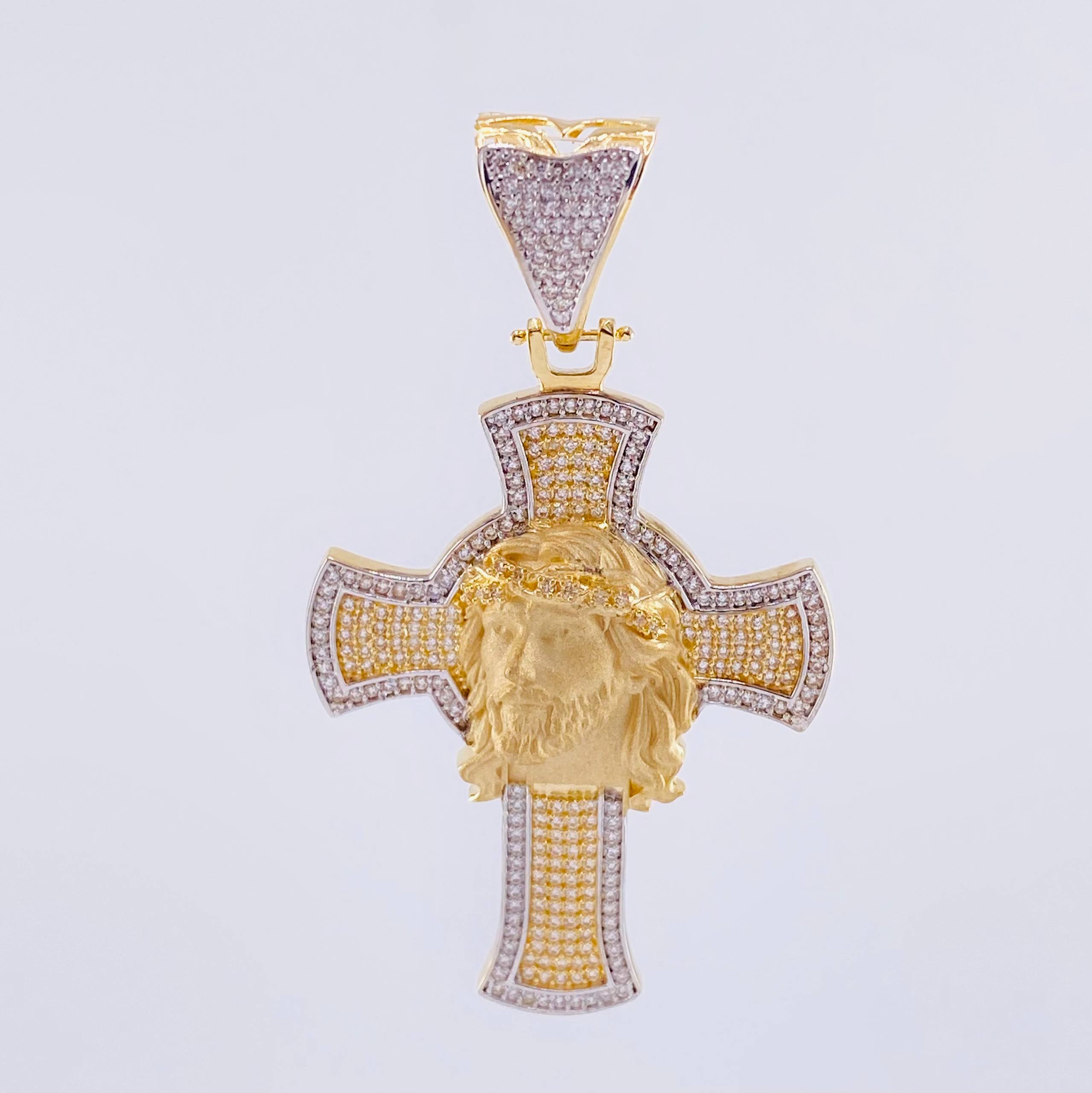 Pendant Cross Christ Face 12.95 g / 2 1/2 in Two-Tone Yellow White 18K Gold