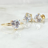 Heart Set - Stud Earrings 0.8cm - Ring Size 7 1/2 4.7gr - White Zircons Special Edition 18K Gold *