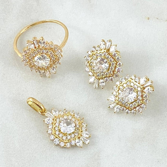 Nevada Hexagonal Set - Stud Earrings 1.7cm - Pendant 2.5cm - Ring Size 6 1/4 8.25gr - White Zircons Special Edition 18K Gold *