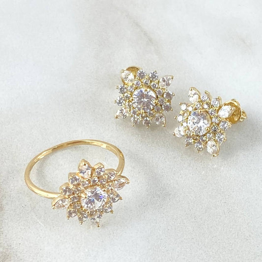 Starry Flower Set - Stud Earrings 1.2cm - Ring Size 5 5gr - White Cubic Zirconia Special Edition 18K Gold *