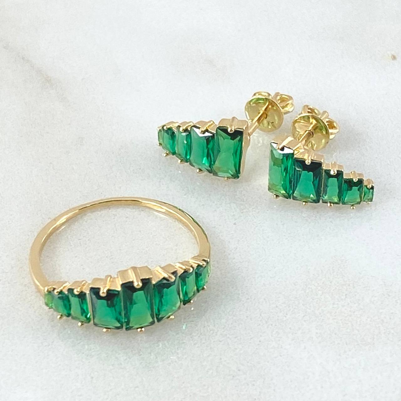 Stepped Line Set - Stud Earrings 1.1cm - Ring T5 3/4 3.2gr Green Zircons Special Edition 18K Gold ©