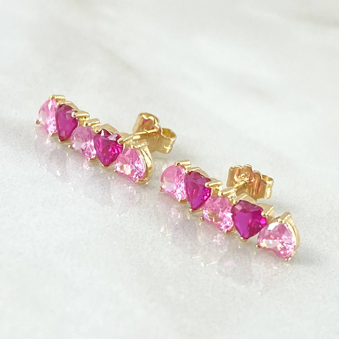 Hearts Set - Stud Earrings 1.8cm - Pendant 2.5cm - Ring Size 5 1/4 5.15 Pink Fuchsia Zircons Special Natural Pearl 18K Gold ©