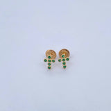 Stud Earrings Cross Stud 0.6gr / Green Zircons 18K Yellow Gold &