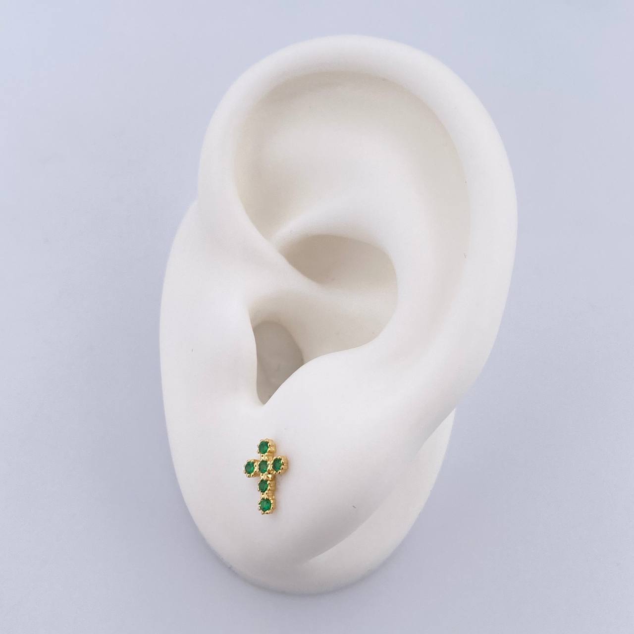 Stud Earrings Cross Stud 0.6gr / Green Zircons 18K Yellow Gold &