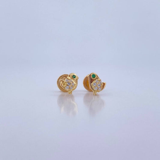 Stud Earrings Bird 0.8gr / Zircons Green White Yellow Gold 18K &