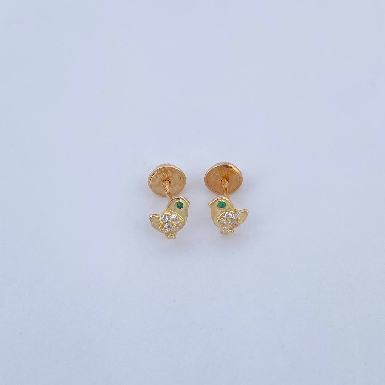 Stud Earrings Bird 0.8gr / Zircons Green White Yellow Gold 18K &