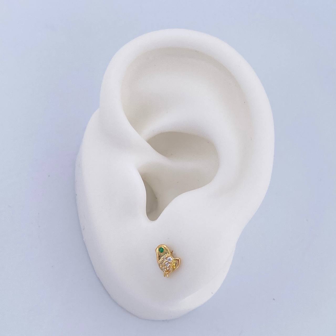 Stud Earrings Bird 0.8gr / Zircons Green White Yellow Gold 18K &