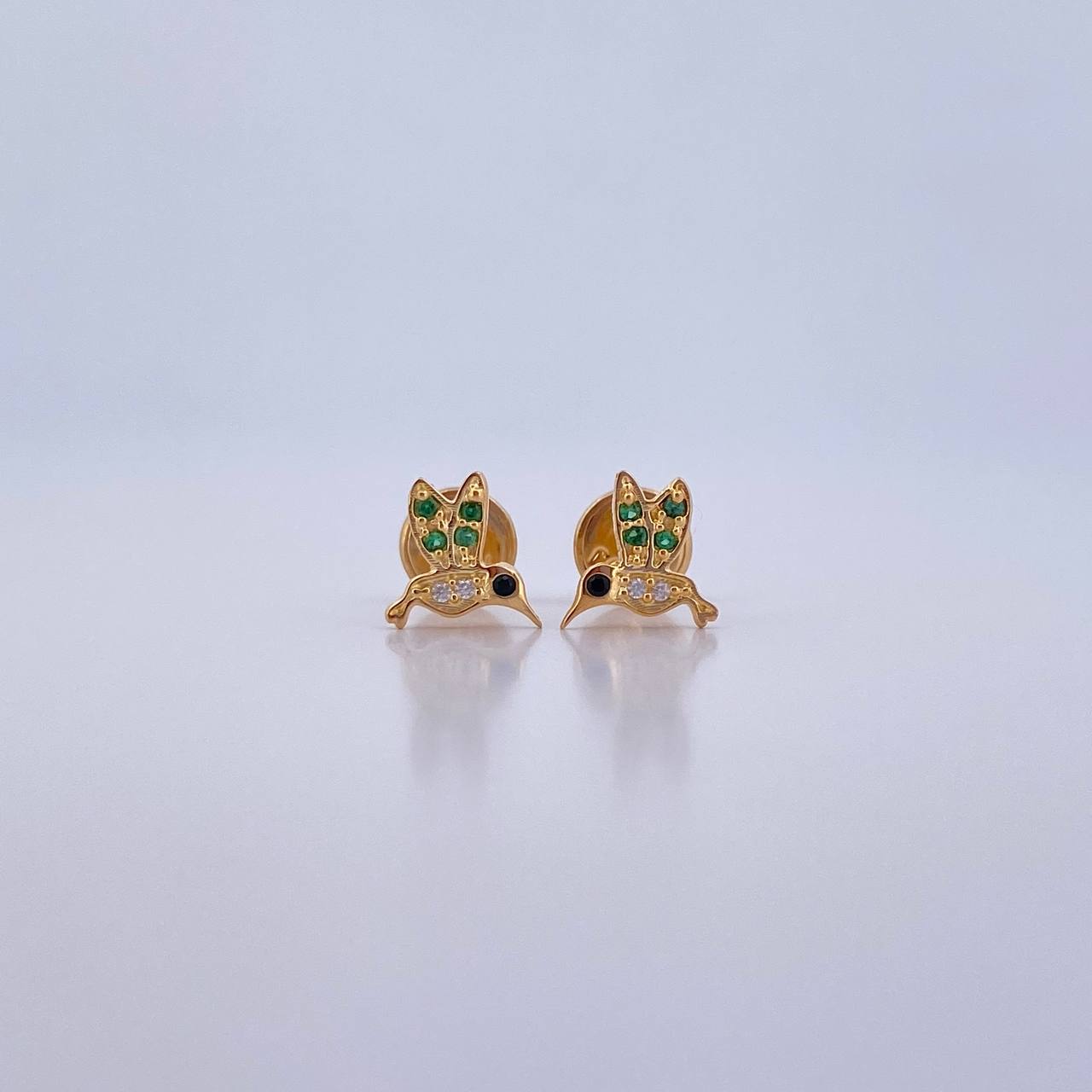 Stud Earrings Colibri 0.8gr / Black Green White Zircons 18K Yellow Gold &