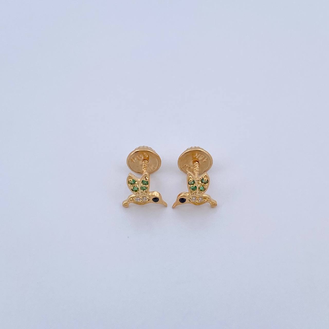 Stud Earrings Colibri 0.8gr / Black Green White Zircons 18K Yellow Gold &