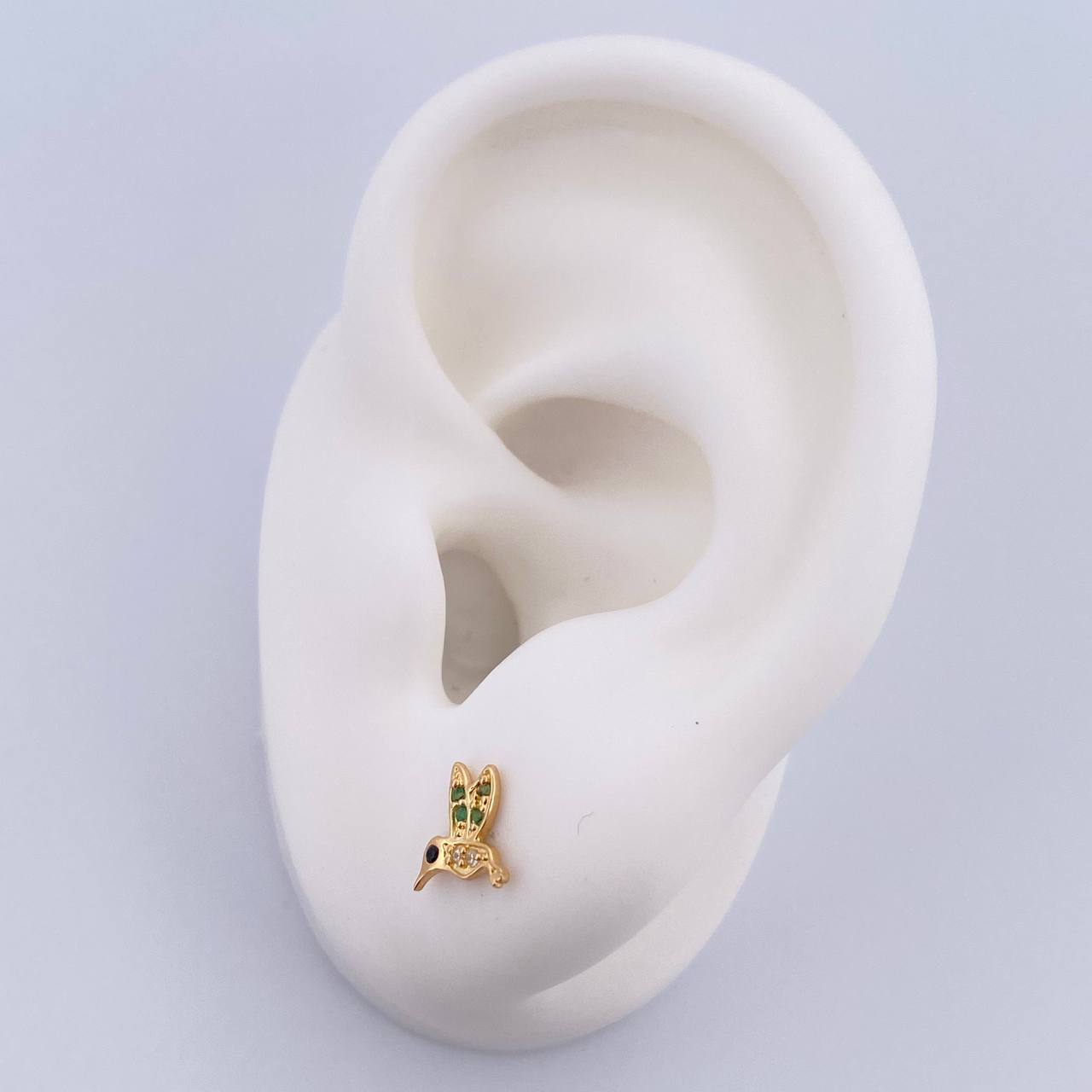 Stud Earrings Colibri 0.8gr / Black Green White Zircons 18K Yellow Gold &