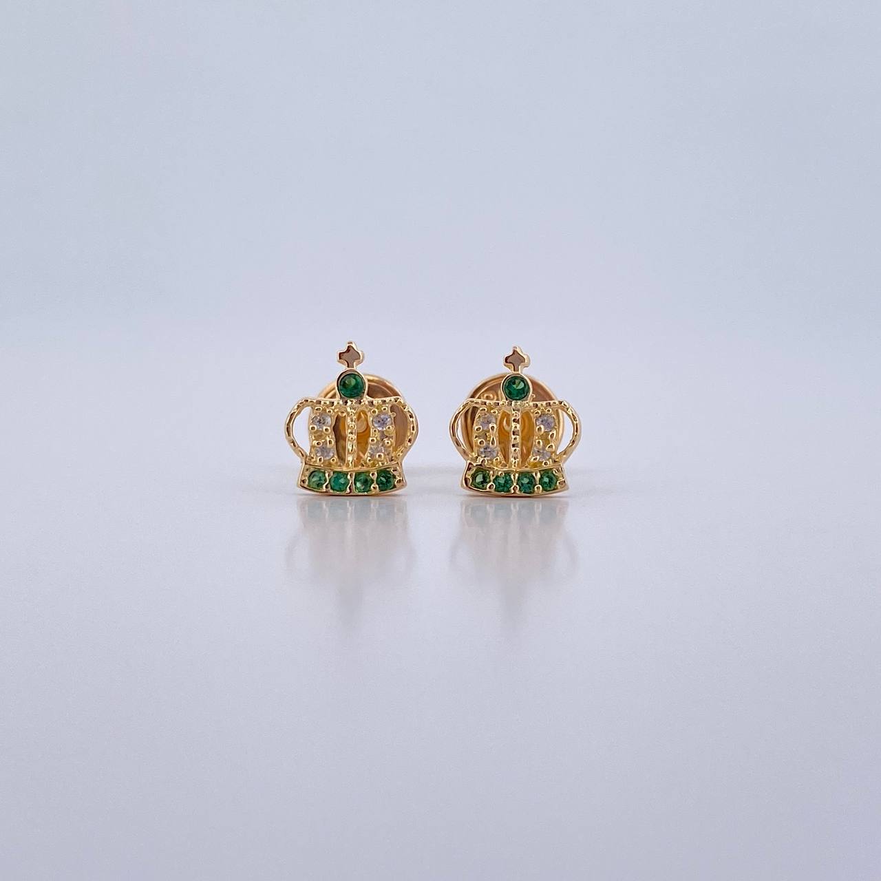 Stud Earrings Corona Real 0.85gr / White Green Zircons 18K Yellow Gold &